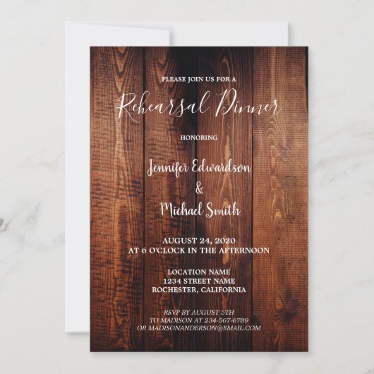 Rustic barn wood country wedding rehearsal dinner kaart (Voorkant)