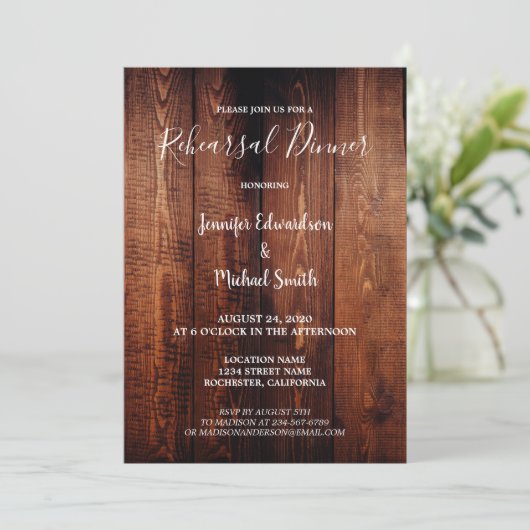 Rustic barn wood country wedding rehearsal dinner kaart (Staand voorkant)