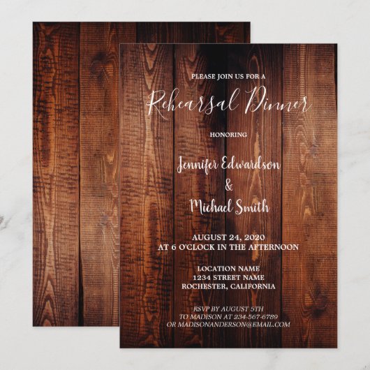 Rustic barn wood country wedding rehearsal dinner kaart (Voorkant / Achterkant)