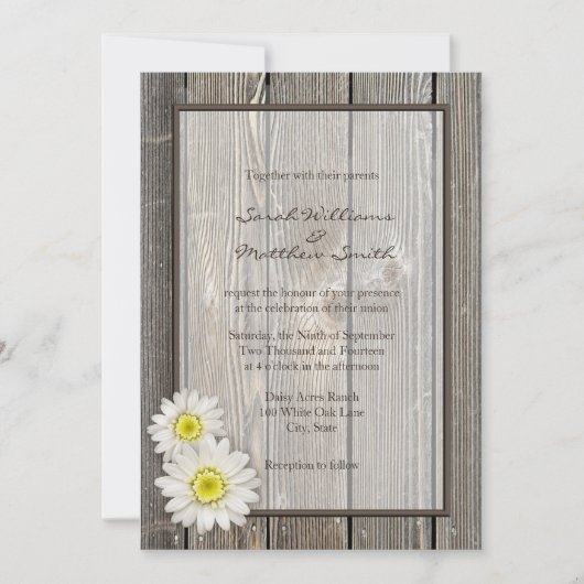 Rustic Barn Wood Daisy Wedding Invitations Kaart (Voorkant)