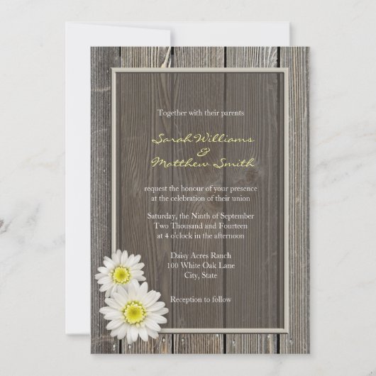 Rustic Barn Wood Daisy Wedding Invitations Kaart (Voorkant)