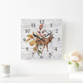 Rustic Barn Wood Deer Antlers Herfst Foliage Vierkante Klok (Huis)
