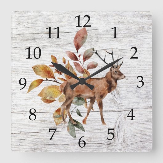 Rustic Barn Wood Deer Antlers Herfst Foliage Vierkante Klok (Voorkant)