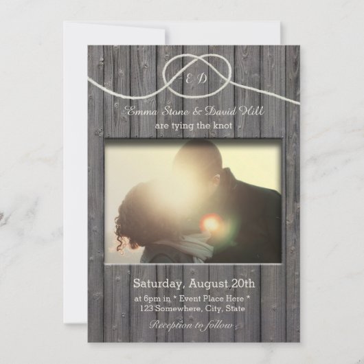 Rustic Barn Wood die de Knot Photo Wedding bindt Kaart (Voorkant)