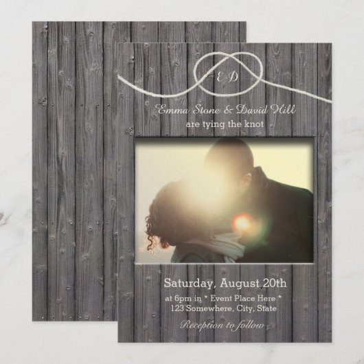 Rustic Barn Wood die de Knot Photo Wedding bindt Kaart (Voorkant / Achterkant)