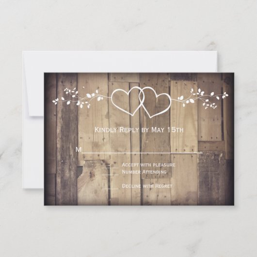Rustic Barn Wood Double Hearts Wedding RSVP-kaarte RSVP Kaartje (Voorkant)