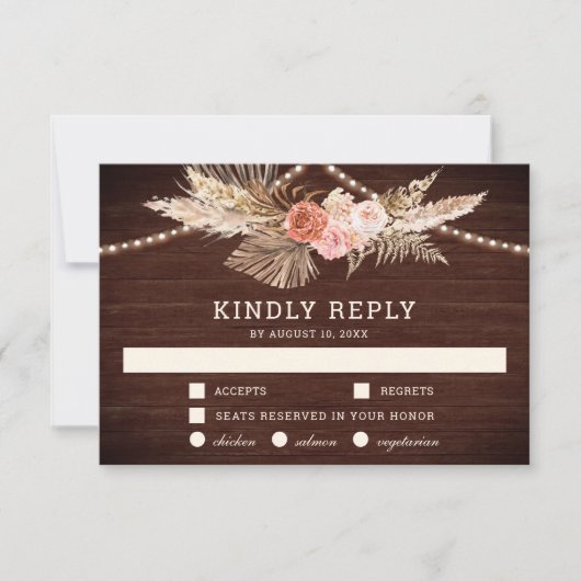 Rustic Barn Wood Earthy Floral Boho Pampas Wedding RSVP Kaartje (Voorkant)