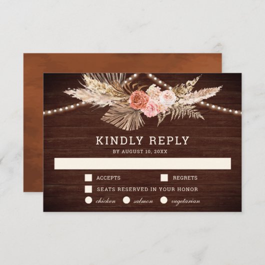 Rustic Barn Wood Earthy Floral Boho Pampas Wedding RSVP Kaartje (Voorkant / Achterkant)