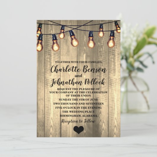 Rustic Barn Wood & Edison Bulbs Wedding Kaart (Staand voorkant)