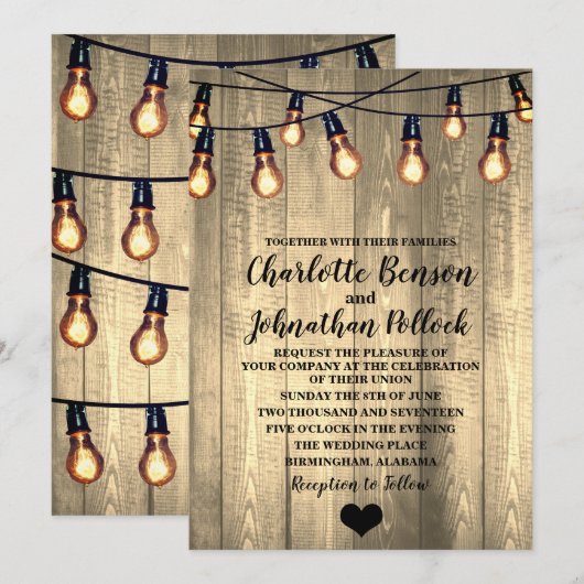 Rustic Barn Wood & Edison Bulbs Wedding Kaart (Voorkant / Achterkant)