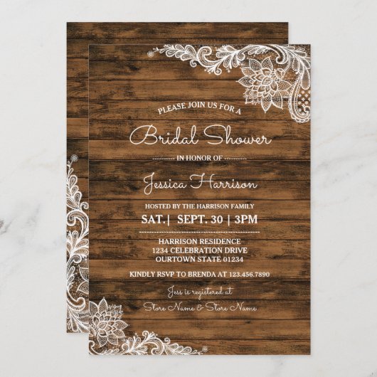 Rustic Barn Wood en Lace Bridal Shower Invitation Kaart (Voorkant / Achterkant)