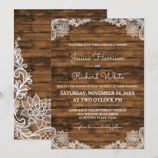 Rustic Barn Wood en Lace Wedding Invitation Kaart (Voorkant / Achterkant)