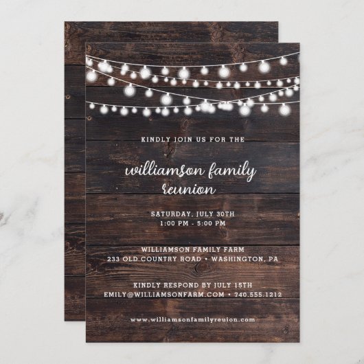 Rustic Barn Wood en String Lights Family Reunion Kaart (Voorkant / Achterkant)