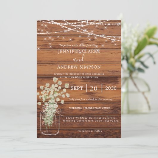 Rustic Barn Wood Fairy Lights Wedding Kaart (Staand voorkant)