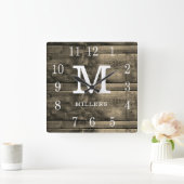 Rustic Barn Wood Familienaam Monogram Farmhouse Vierkante Klok (Huis)