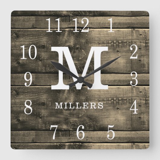 Rustic Barn Wood Familienaam Monogram Farmhouse Vierkante Klok (Voorkant)