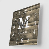 Rustic Barn Wood Familienaam Monogram Farmhouse Vierkante Klok (Hoek)