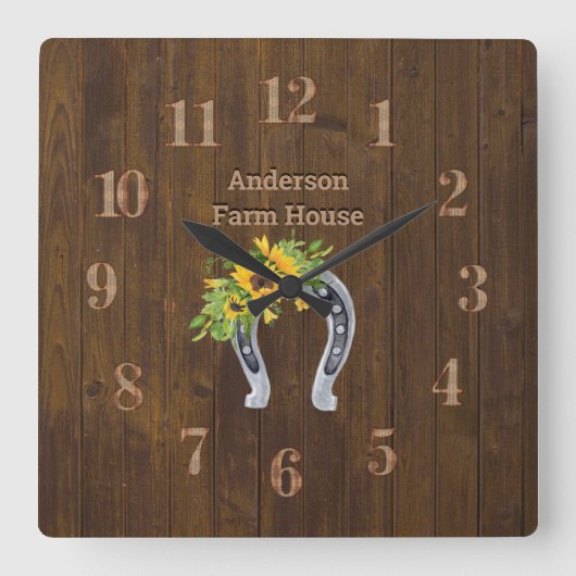 Rustic Barn Wood Farmhouse Hoefijzer Zonnebloemen Vierkante Klok (Voorkant)