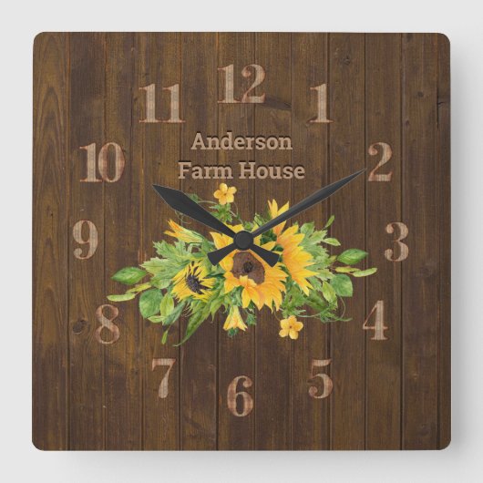 Rustic Barn Wood Farmhouse Kitchen Sunflowers Vierkante Klok (Voorkant)