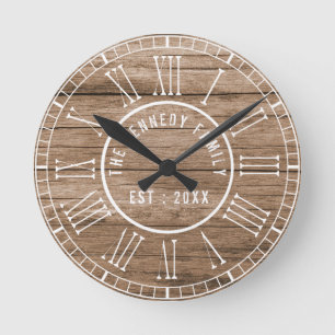 Rustic Barn Wood Farmhouse White Roman Numerals Ronde Klok