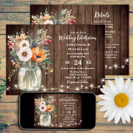 Rustic Barn Wood Floral country all in one Wedding Kaart
