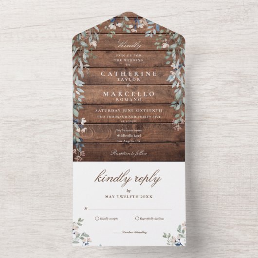 Rustic Barn Wood Floral Greenery Cascade Wedding All In One Uitnodiging (Binnen)