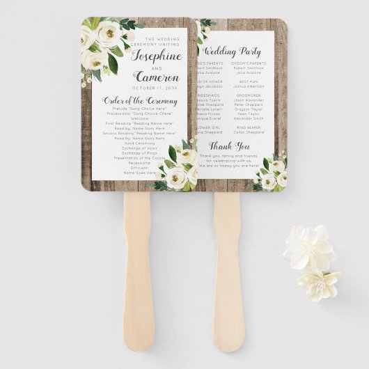 Rustic Barn Wood Floral Wedding Ceremony Programme Handwaaier (Voorkant en achterkant)