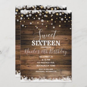 Rustic Barn Wood Gold Silver Winter Sweet 16 Party Kaart