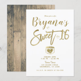 Rustic Barn Wood Gold & White Chic Sweet 16 Party Kaart