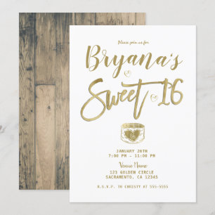 Rustic Barn Wood Gold & White Chic Sweet 16 Party Kaart