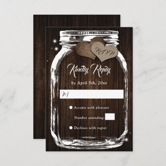 Rustic Barn Wood Hearts Mason Jar Wedding RSVP (Voorkant / Achterkant)