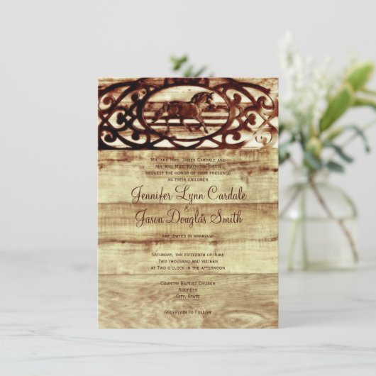 Rustic Barn Wood Horse Wedding Invitations Kaart (Staand voorkant)