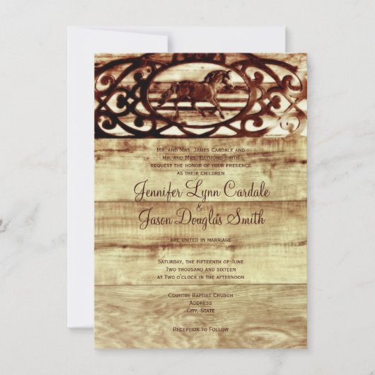 Rustic Barn Wood Horse Wedding Invitations Kaart (Voorkant)