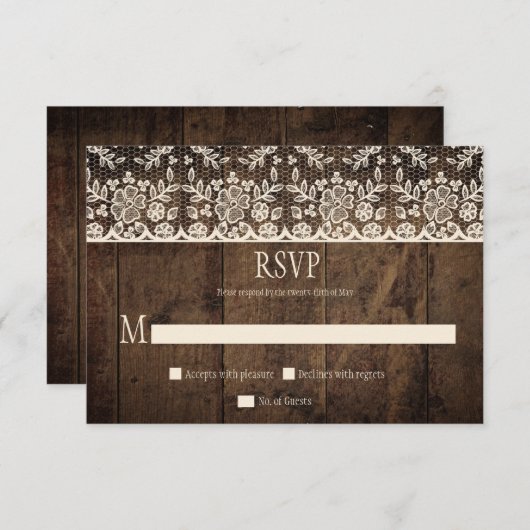 Rustic Barn Wood  Ivory Lace RSVP Kaartje (Voorkant / Achterkant)
