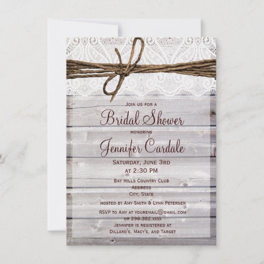 Rustic Barn Wood Lace Bridal Shower Invitations Kaart (Voorkant)