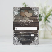 Rustic Barn Wood Lace Burlap Hearts Wedding RSVP Kaartje (Staand voorkant)