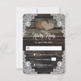 Rustic Barn Wood Lace Burlap Hearts Wedding RSVP Kaartje
