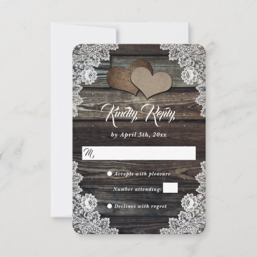 Rustic Barn Wood Lace Burlap Hearts Wedding RSVP Kaartje (Voorkant)