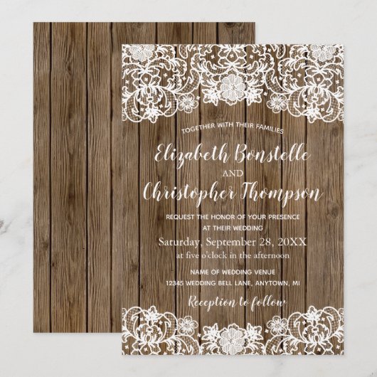 Rustic Barn Wood Lace Calligraphy Wedding Kaart (Voorkant / Achterkant)
