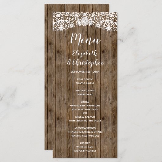 Rustic Barn Wood Lace Calligraphy Wedding Menu (Voorkant / Achterkant)
