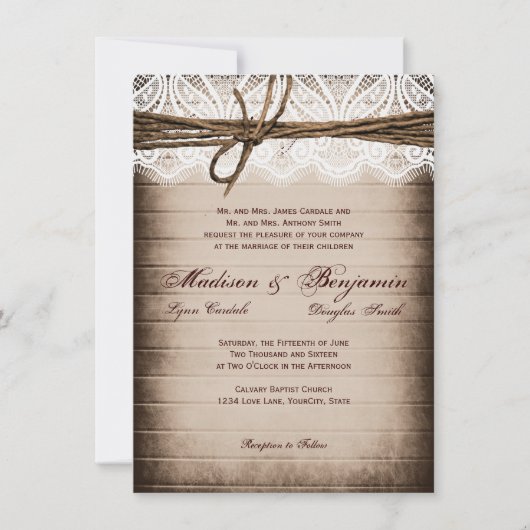 Rustic Barn Wood Lace Country Wedding Invitations Kaart (Voorkant)