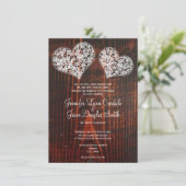 Rustic Barn Wood Lace Hearts Wedding Invitation Kaart (Staand voorkant)