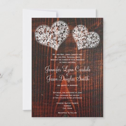 Rustic Barn Wood Lace Hearts Wedding Invitation Kaart (Voorkant)