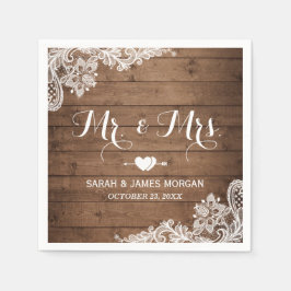 Rustic Barn Wood Lace Mr en Mrs Wedding Servet