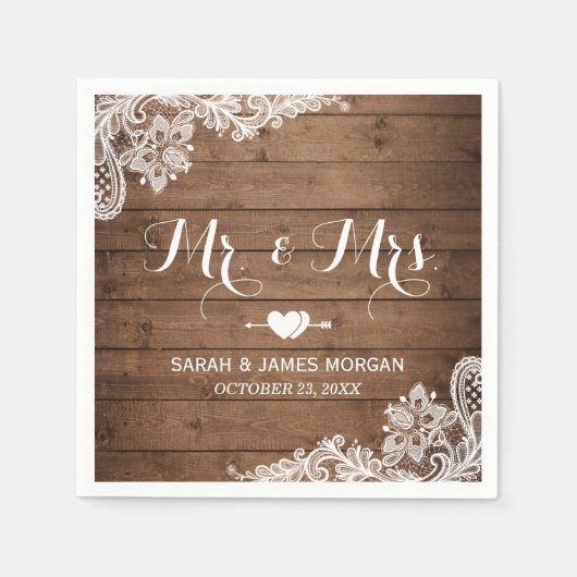 Rustic Barn Wood Lace Mr en Mrs Wedding Servet (Voorkant)
