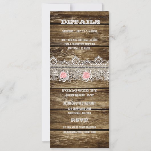 Rustic Barn Wood & Lace Rehearsal Dinner Kaart (Achterkant)