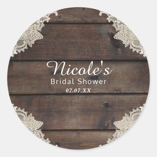 Rustic Barn Wood & Lace Romantic Elegant Favor Ronde Sticker (Voorkant)