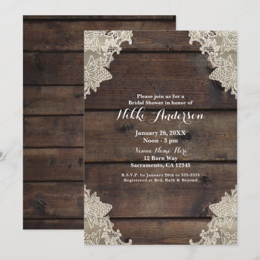Rustic Barn Wood & Lace Romantic Elegant Wedding Kaart (Voorkant / Achterkant)
