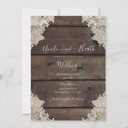 Rustic Barn Wood & Lace Romantic Elegant Wedding Kaart (Voorkant)