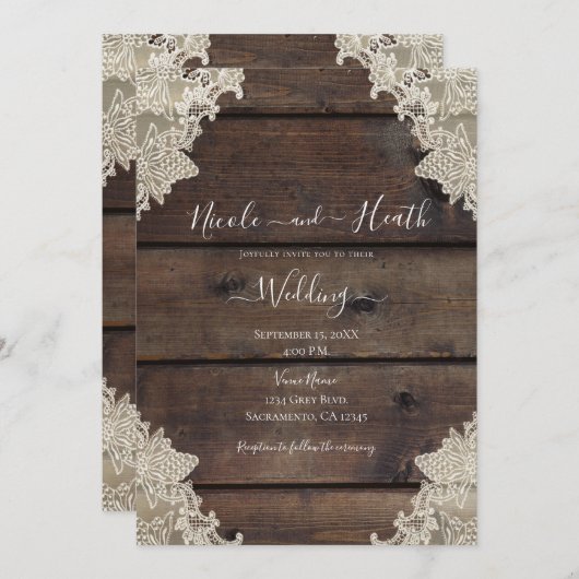 Rustic Barn Wood & Lace Romantic Elegant Wedding Kaart (Voorkant / Achterkant)